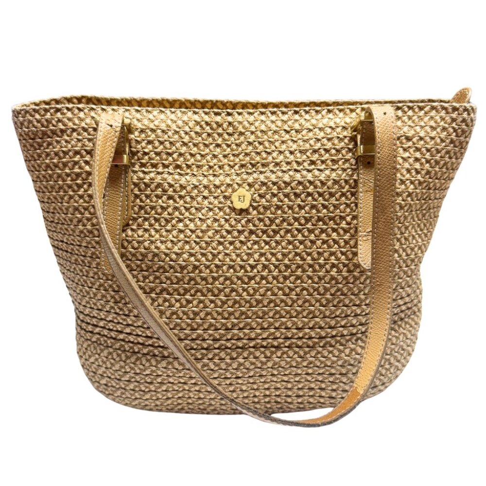Eric Javits New York Squishee Woven Raffia Tan Tote Bag EJ Logo Gold Hardware
